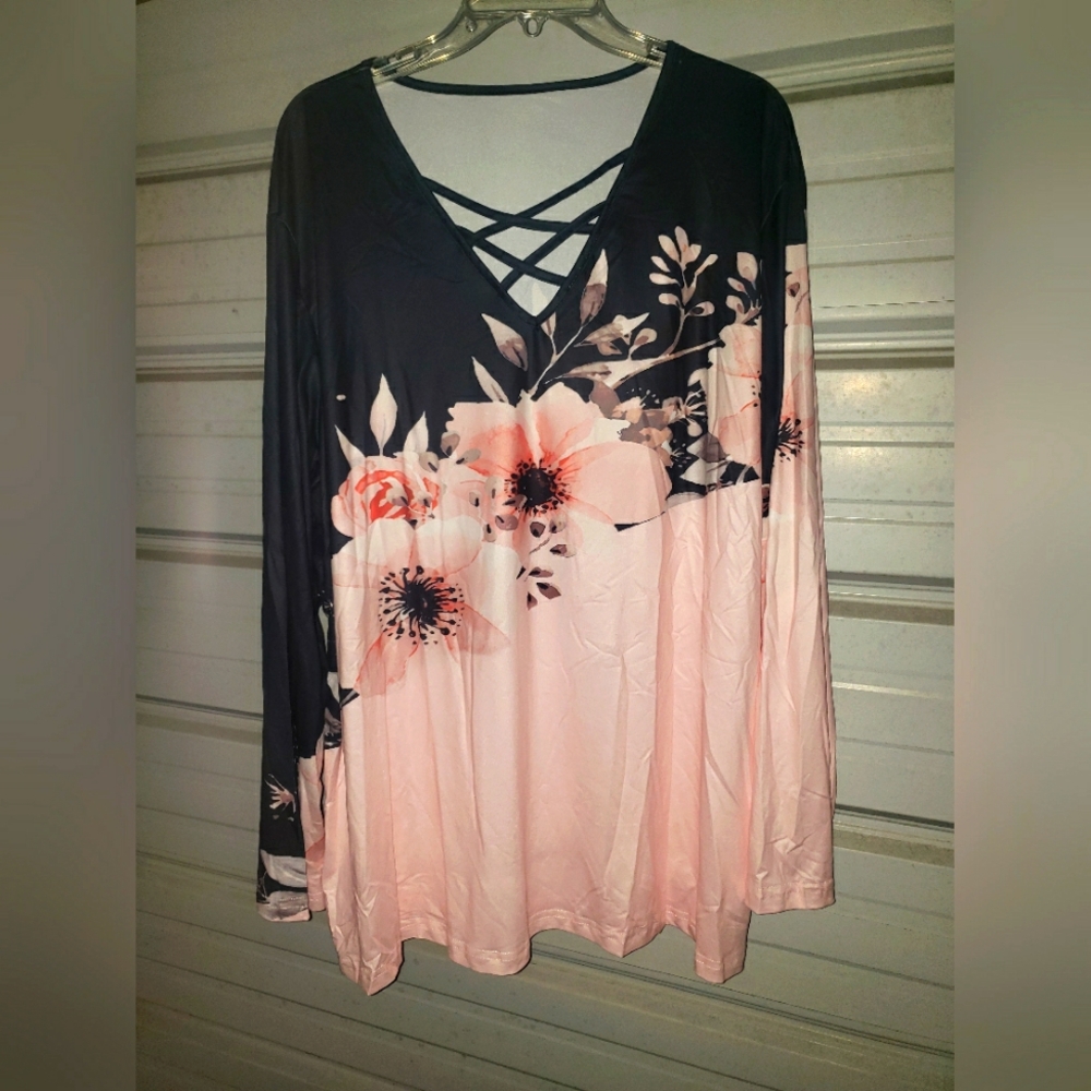 5X Plus Size Floral V-Neck Long Sleeve Soft Top Black Pink Spring shirt blouse